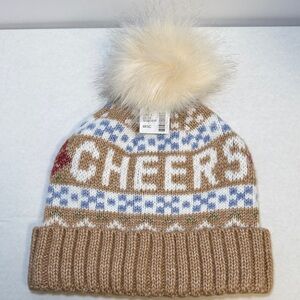 “CHEERS” a Happy Day Fair Isle Knit Pom Beanie Hat  Faux Fur Pom Winter Hat